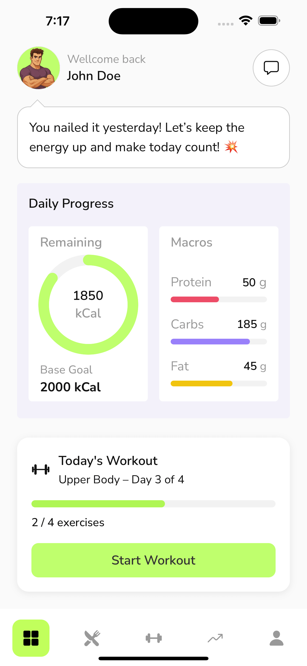 FitLead.AI mobile app home screen with personalized fitness dashboard and AI insights